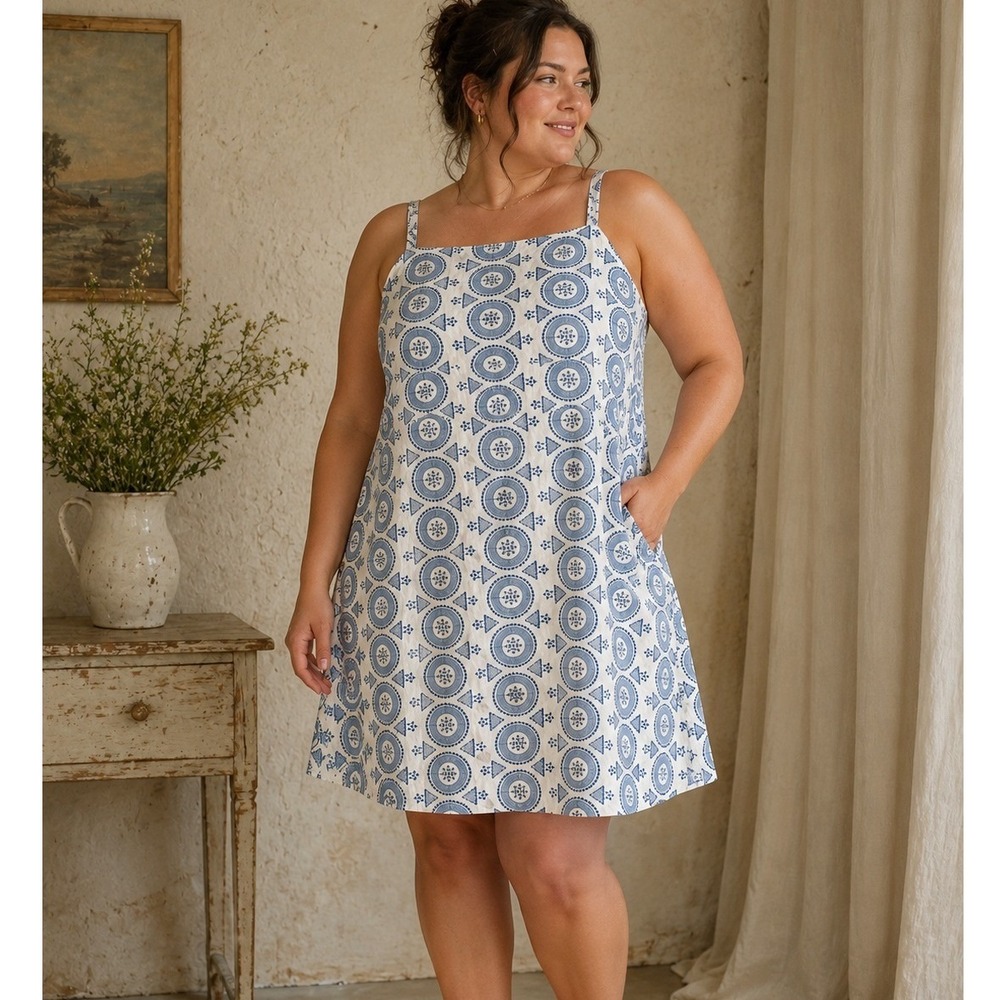 Ann Taylor Factory Dress Womens 16 Blue White Cotton Medallion Shift Sundress